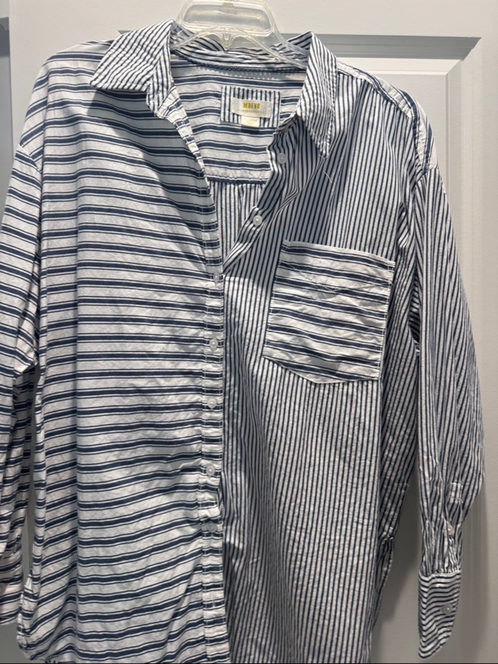 Maeve by Anthropology White and Navy Mixed-Stripe Button-Down Shirt